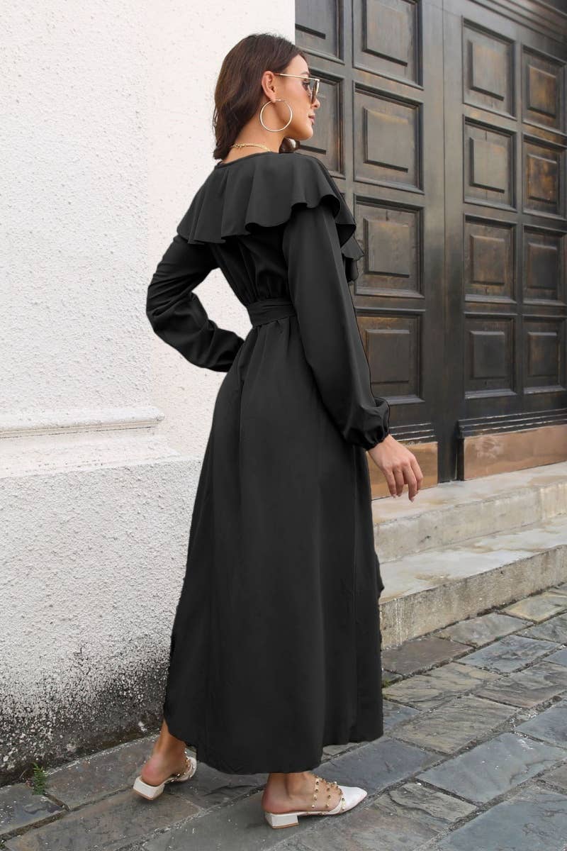 CWDMD3959_AUTUMN RUFFLED LONG-SLEEVED LACE-UP DRESS