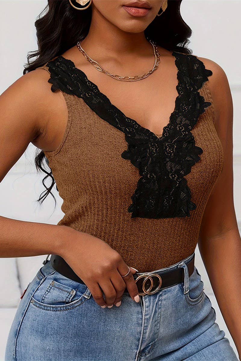 CWTTSL0351_TEMPERAMENT LACE SPLICING V-NECK RIBBED VEST