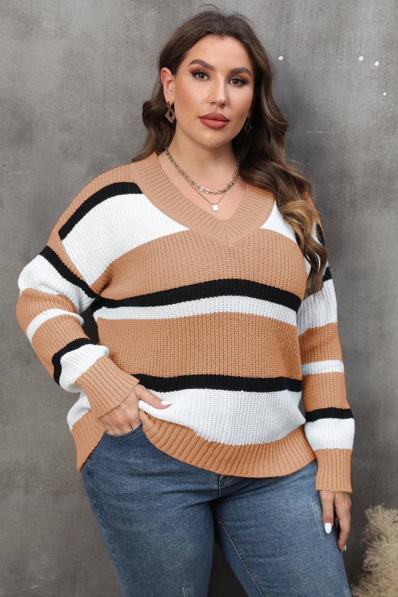 CWOSWL1583_PLUS Size V-Neck Long Sleeve Pullover Sweater