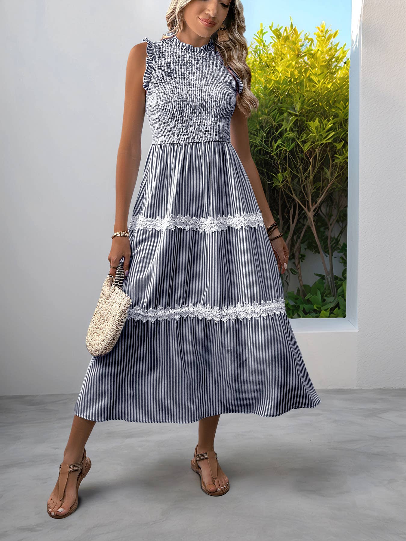 Ear-trimmed round-neck sleeveless striped dress