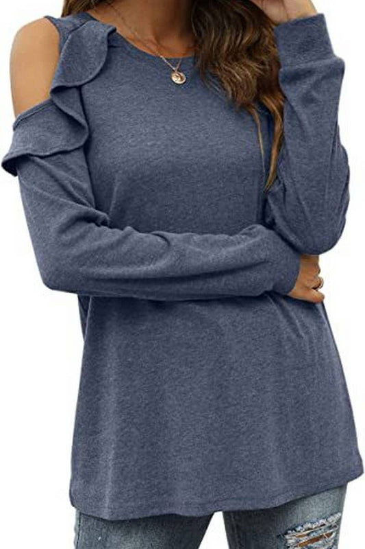 CWTBLL2671_ROUND NECK OFF-SHOULDER RUFFLED LOOSE TOP