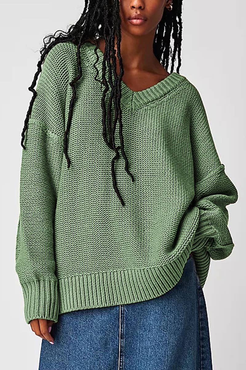 CWOSWL5839_STYLISH V-NECK LONG-SLEEVED PULLOVER SWEATER