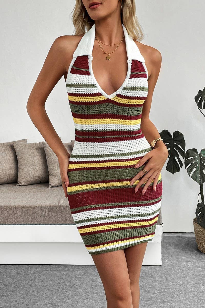 CWDHL1069_STRIPED HALTER COLLARED BODYCON DRESS