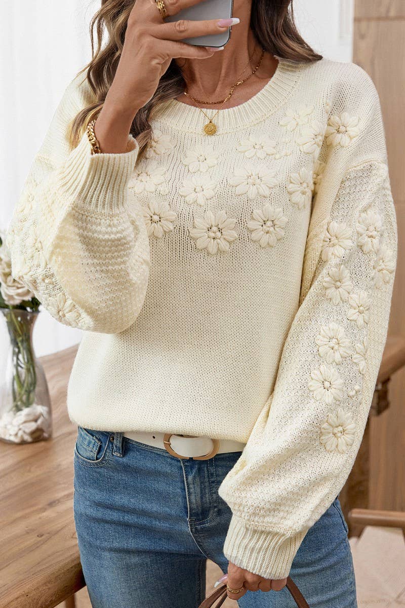 CWOSWL07056_EMBROIDERED 3D DAISY LOOSE KNIT SWEATER
