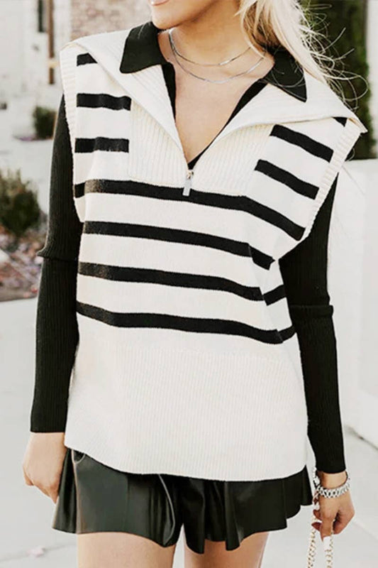 CWOSWSL0142_SLEEVELESS STRIPED SWEATER WITH ZIP-UP LAPEL