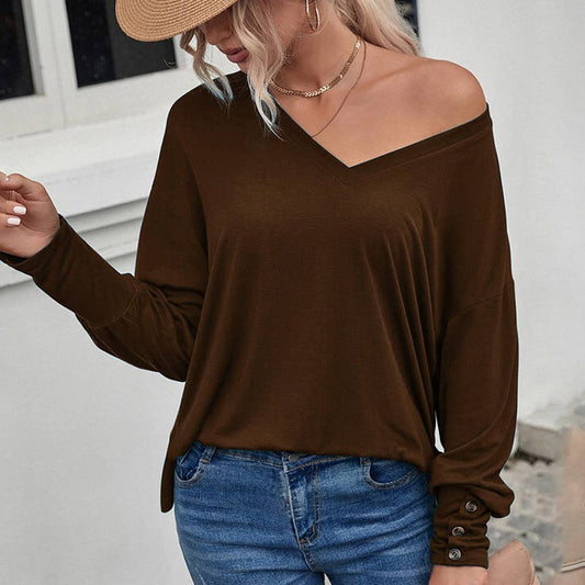 CASUAL V-NECK SOLID COLOR LONG SLEEVE T-SHIRT