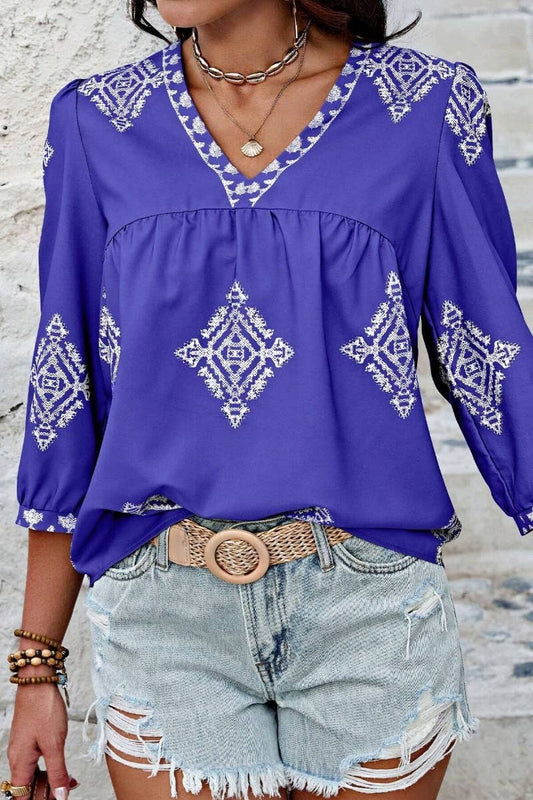 CWTBLS1125_SUMMER PRINTED SEVEN-QUARTER SLEEVE V-NECK TOP