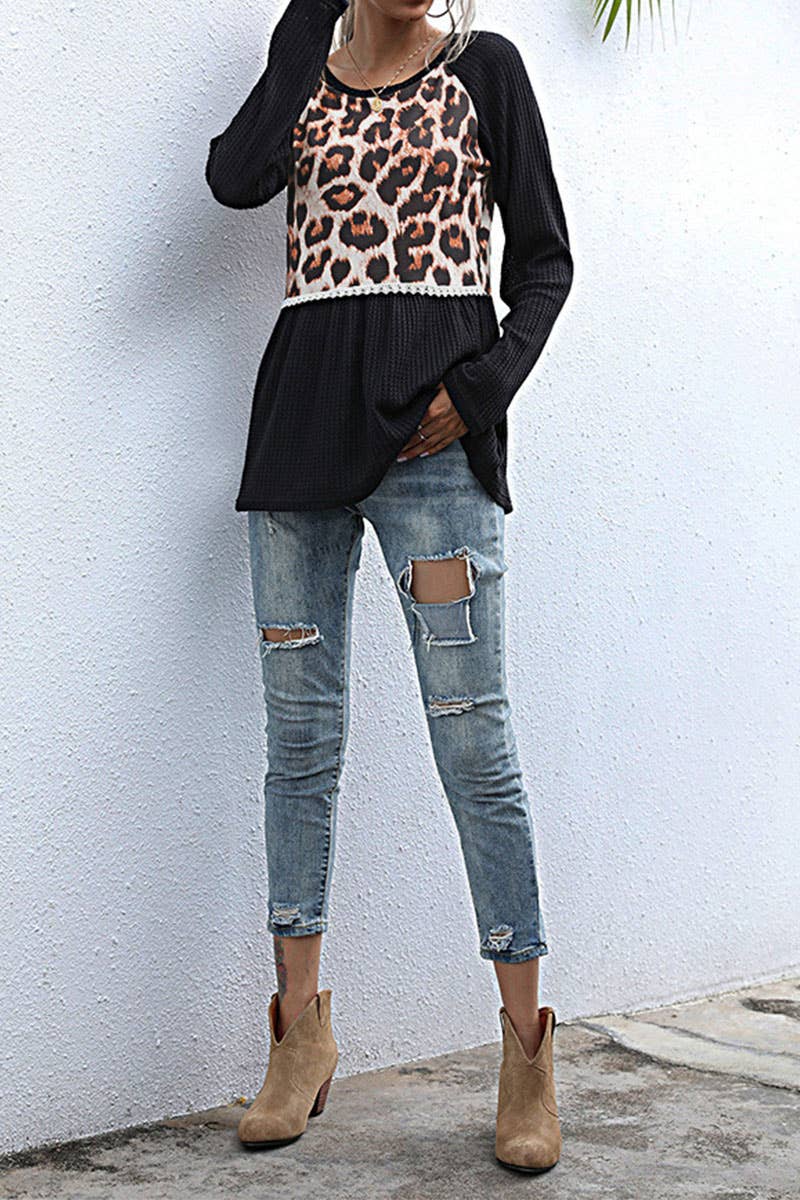 Casual leopard print patchwork T-shirt