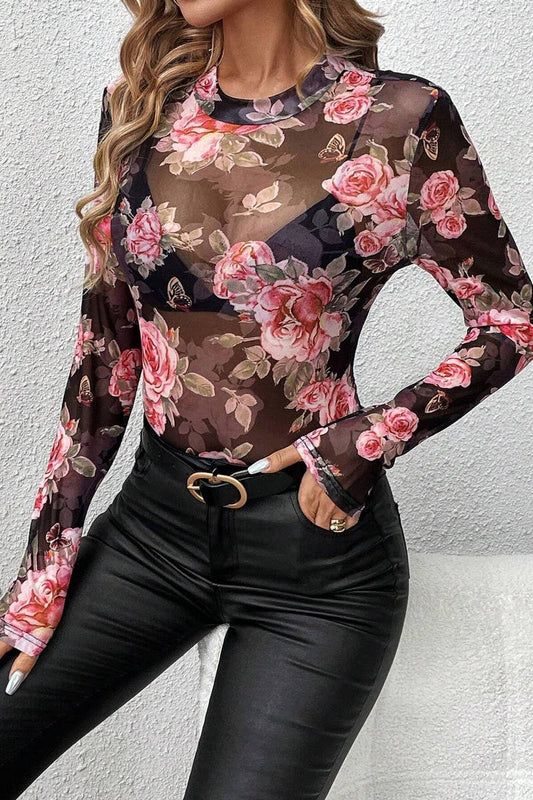 CWTBLL3479_FLORAL PRINT SMALL STAND COLLAR MESH SLIM FIT TOP