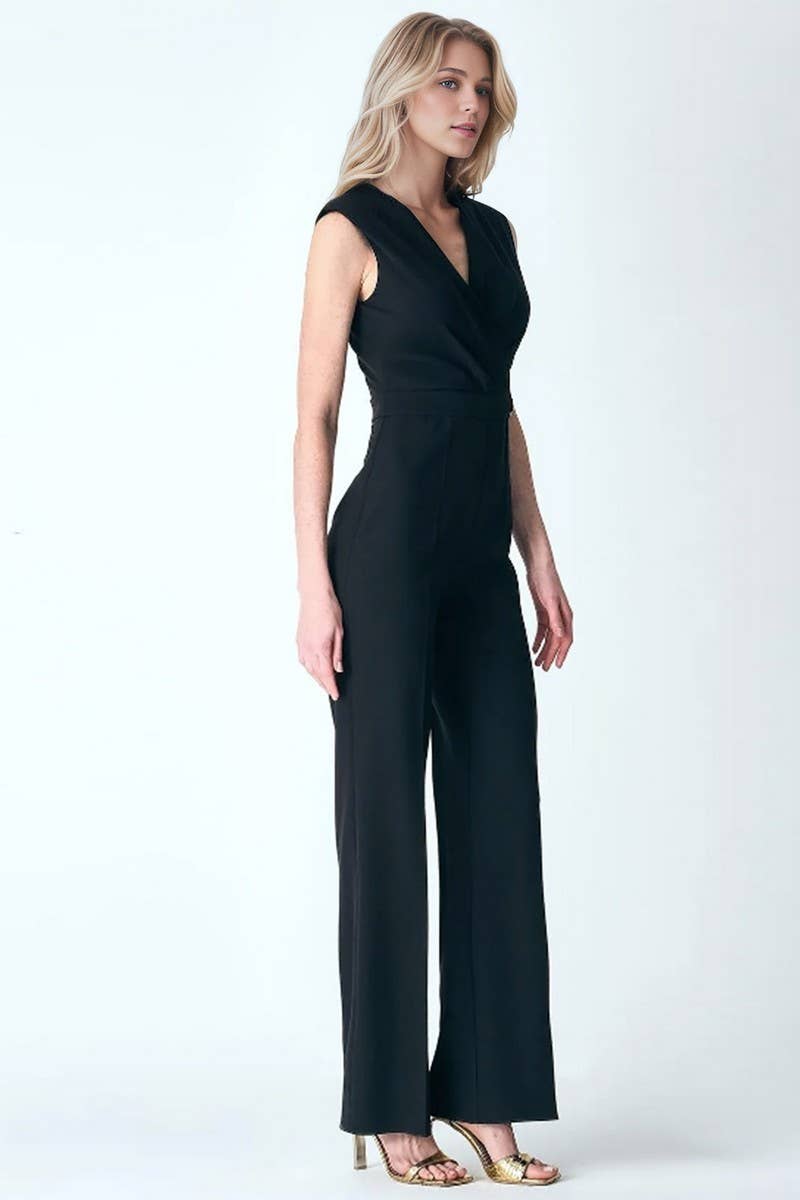 CWSJS1786_BLACK V-NECK SLEEVELESS WIDE-LEG JUMPSUIT