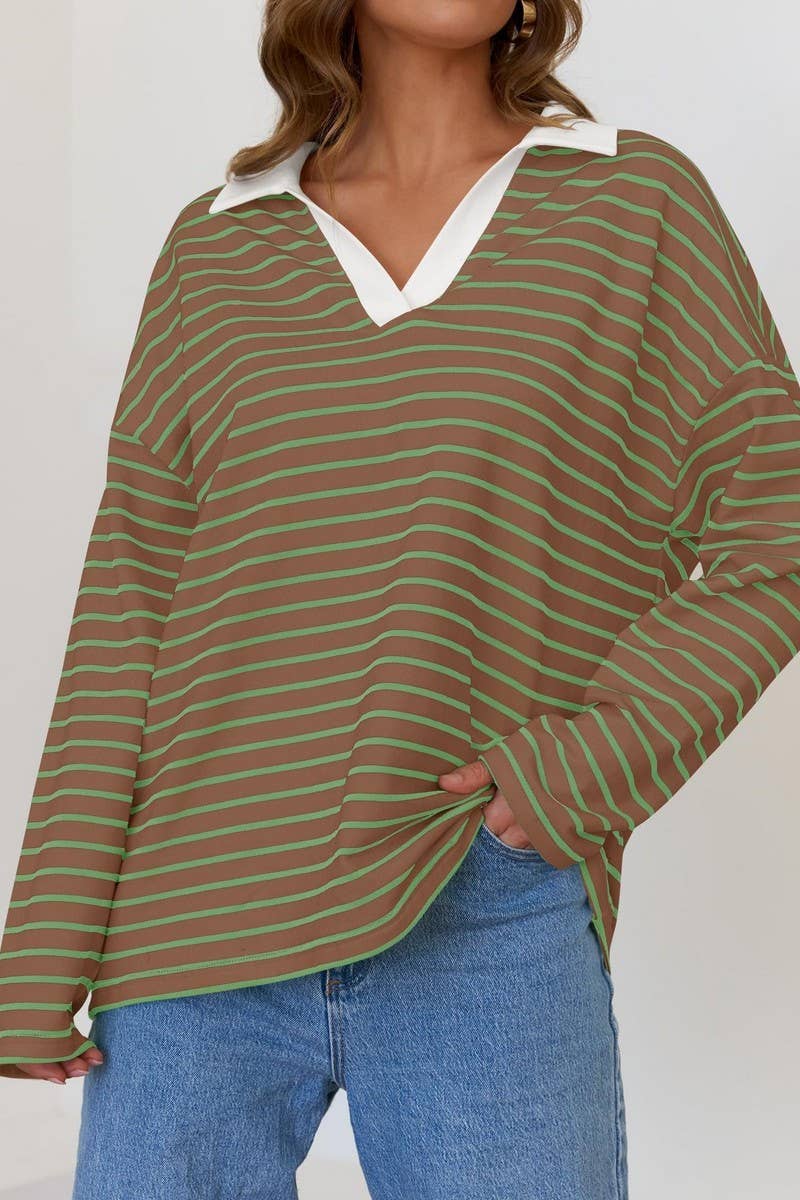 CWTBLL1811_LAPEL STRIPED V-NECK LOOSE SWEATSHIRT