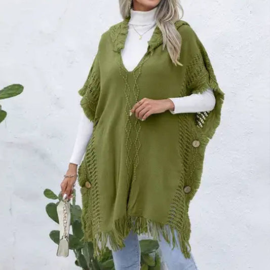 Casual loose V tie hat pullover cape coat