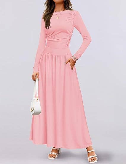 CREW NECK PLEATED POCKET SLIM LONG-SLEEVE DRESS
