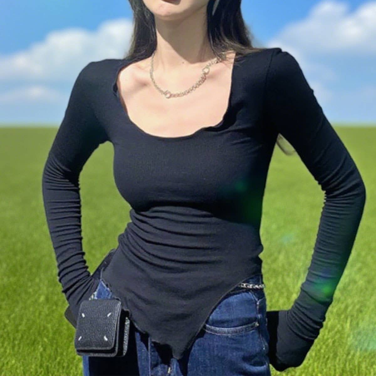 Black ear-trimmed tight-knit T-shirt