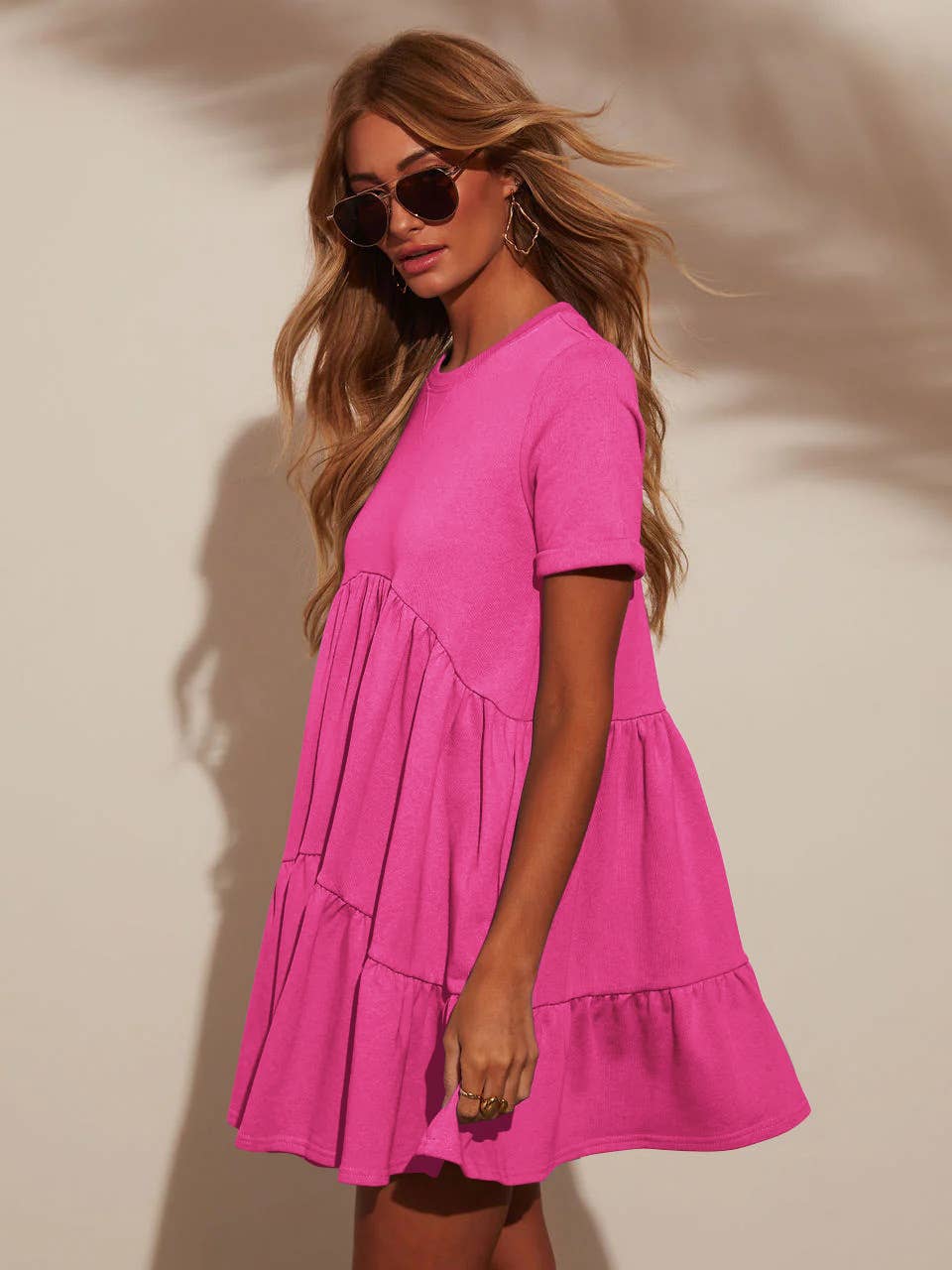 Casual round neck short sleeve pleated dress