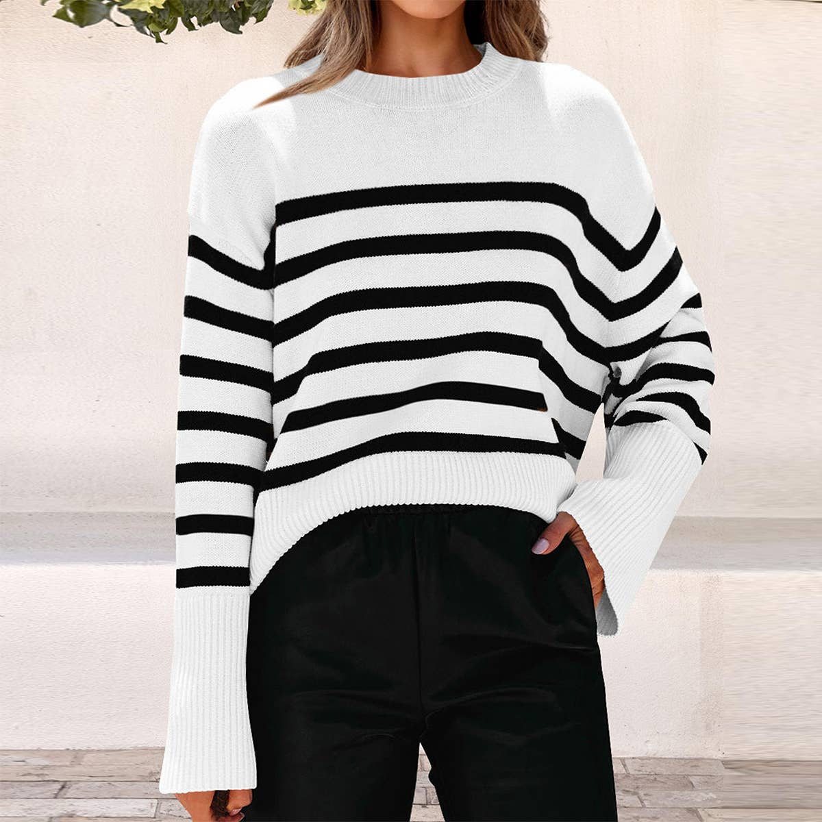 Crew-neck loose striped sweater with fat sleeves