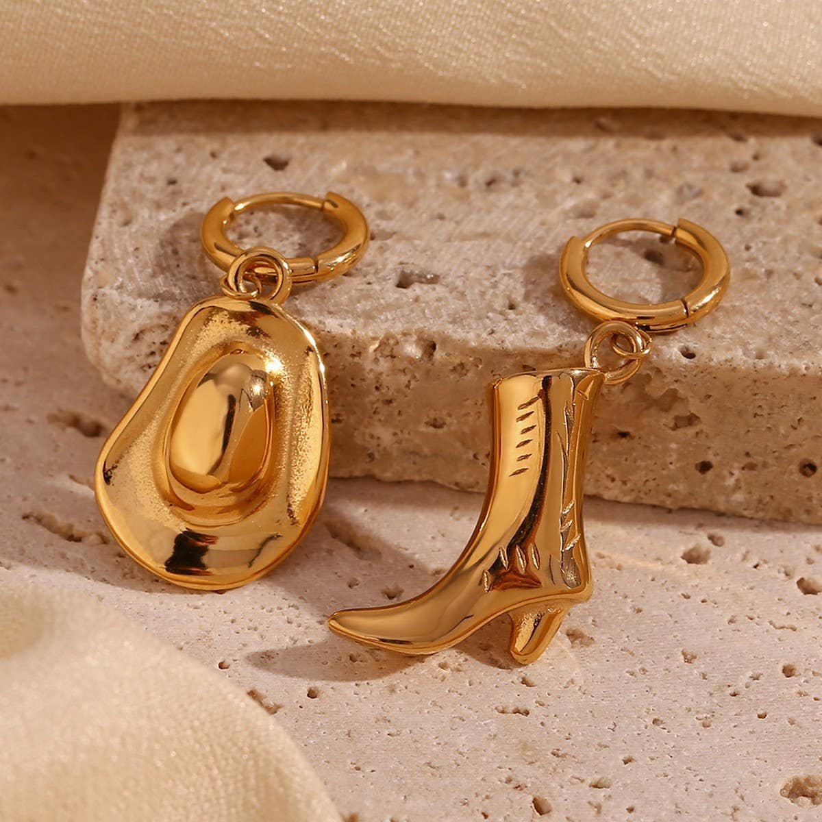 Western Style 18K Gold Cowboy Boot Hat Earrings