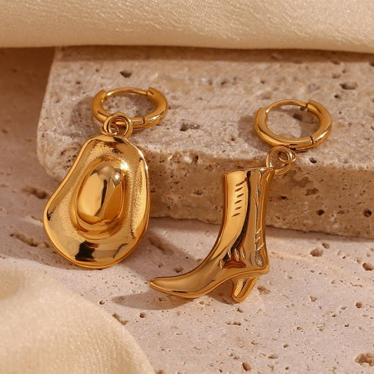 Western Style 18K Gold Cowboy Boot Hat Earrings