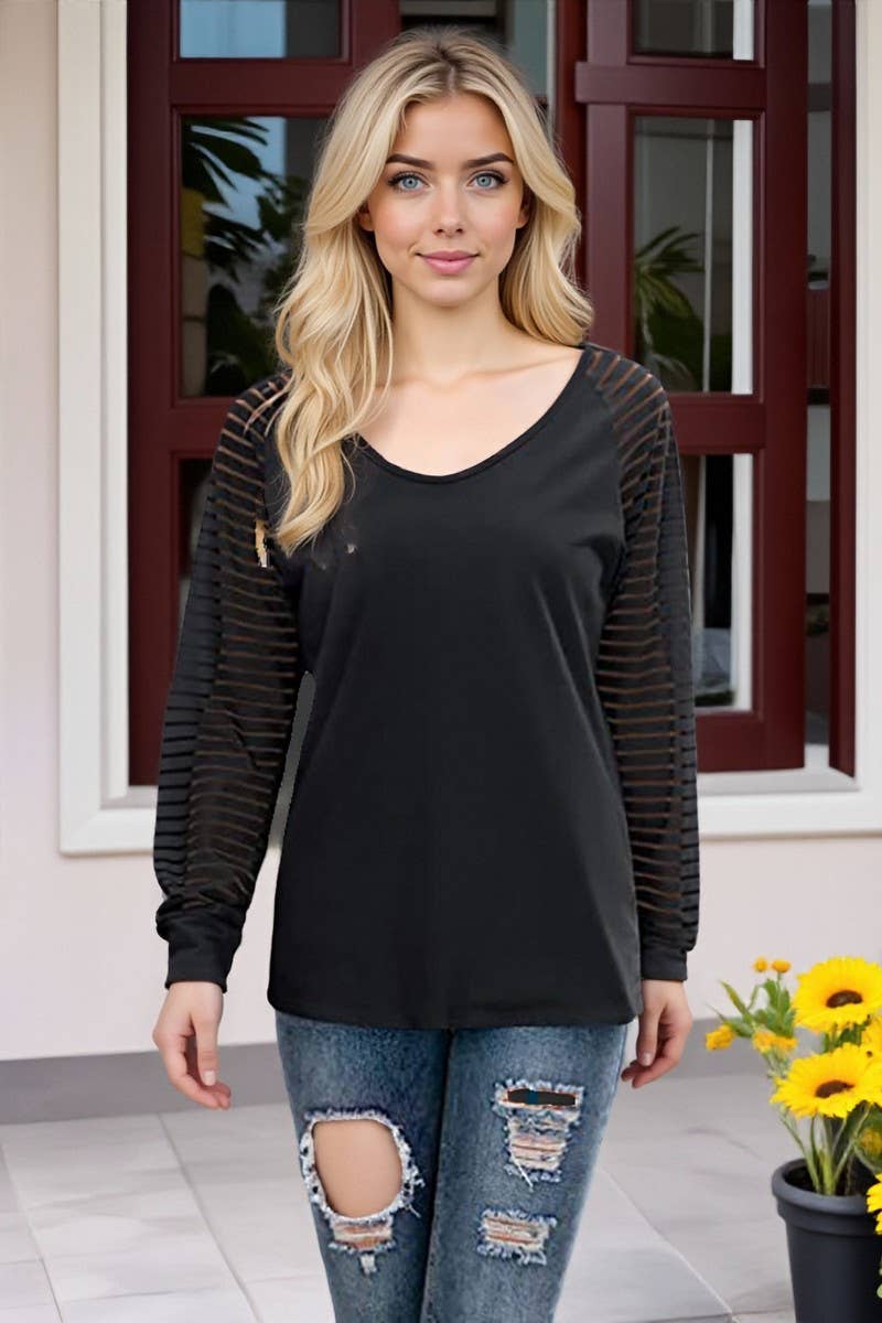 CWTTL00995_SPRING AND AUTUMN STRIPED V-NECK TOP