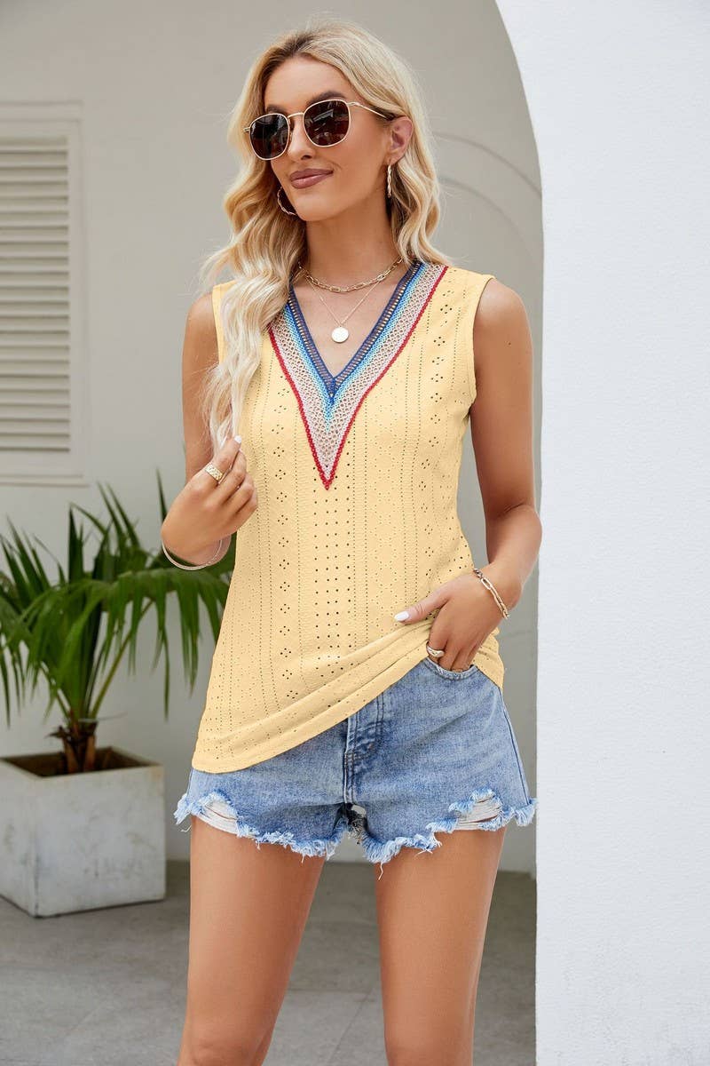 CWTTSL00218_SUMMER V-NECK VEST T-SHIRT SLEEVELESS LACE TOP