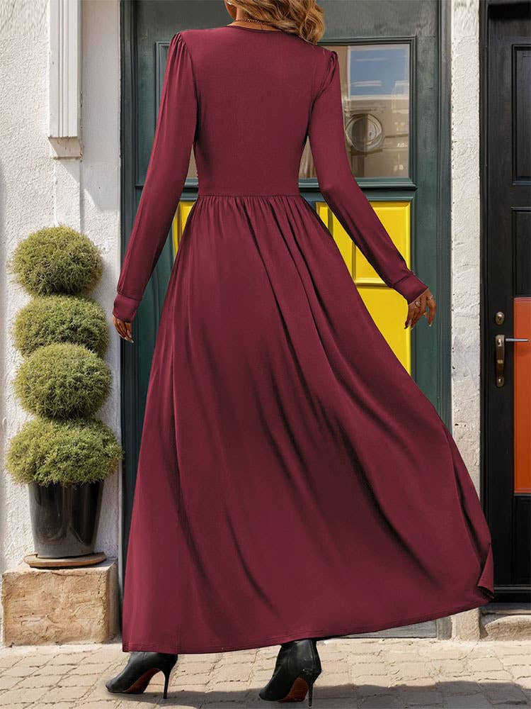 DEEP V-NECK SOLID SLIT LONG SLEEVE WAIST DRESS