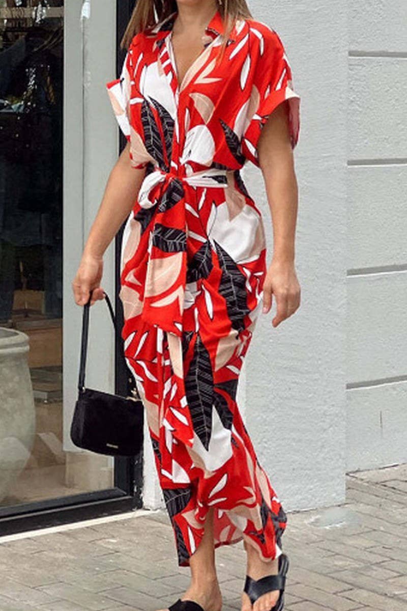 CWDMD4064_LAPEL PRINTED MIDI SHORT SLEEVE TIE SHIRT DRESS