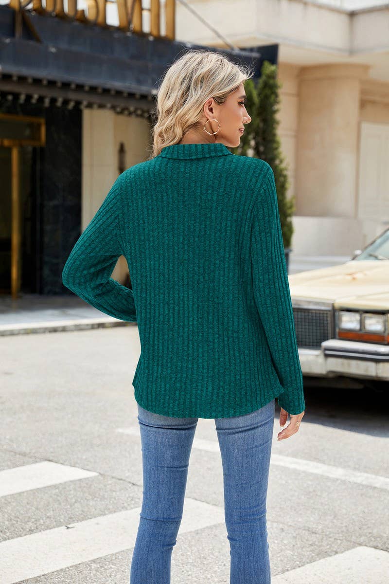 CWTBLL01314_RIBBED KNIT POLO LONG SLEEVE LOOSE TEE