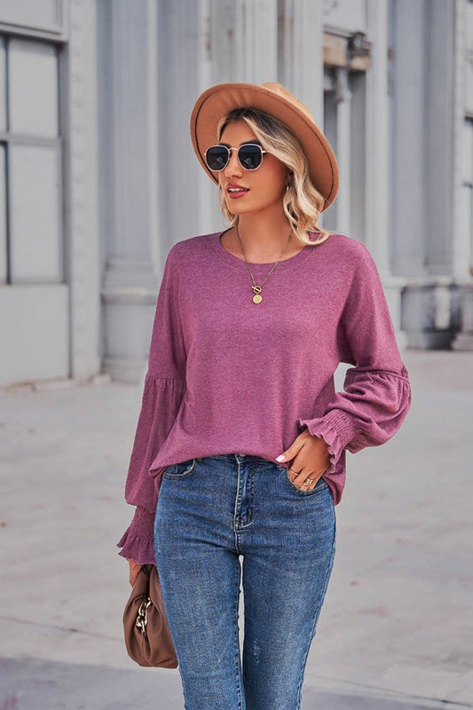 CWTBLL1880_ROUND NECK LOOSE CUFFS LANTERN SLEEVE TOP