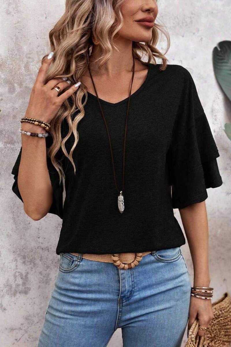 CWTBLS1614_SOLID COLOR V-NECK DOUBLE-LAYER SLEEVE T-SHIRT