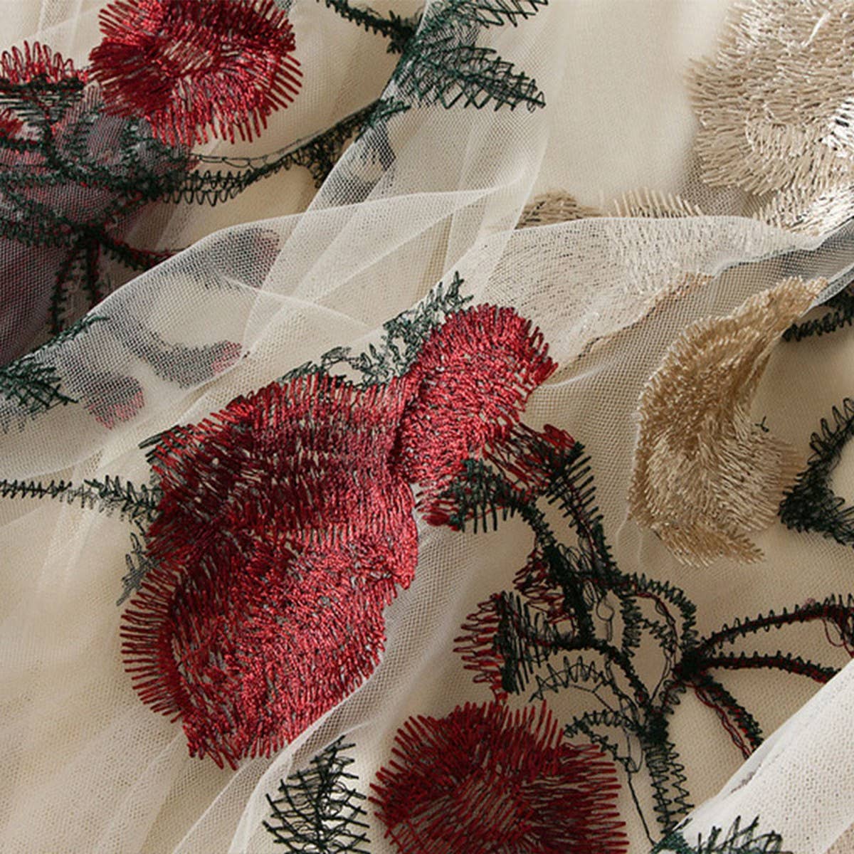 Vintage Floral Embroidered Tulle Midi Skirt