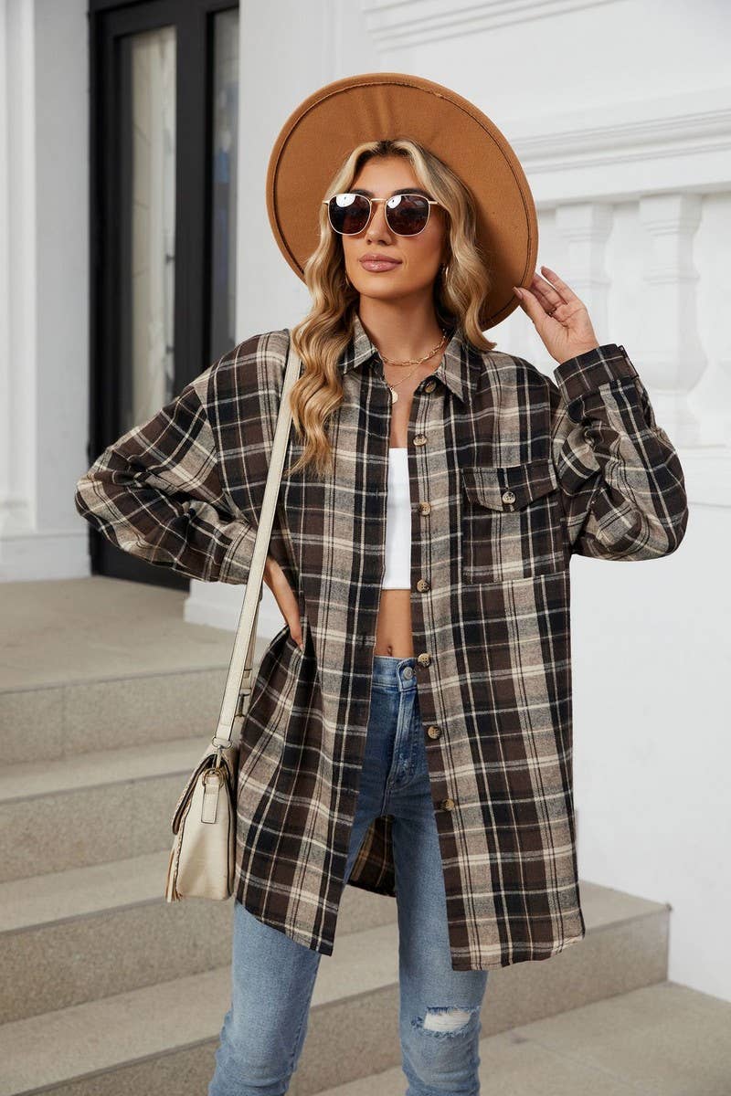 CWTBLL3745_AUTUMN AND WINTER STRIPED PLAID BUTTON-DOWN SHIRT