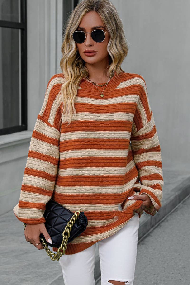 CWOSWL6517_KNITTED CREW-NECK STRIPED LONG-SLEEVED SWEATER