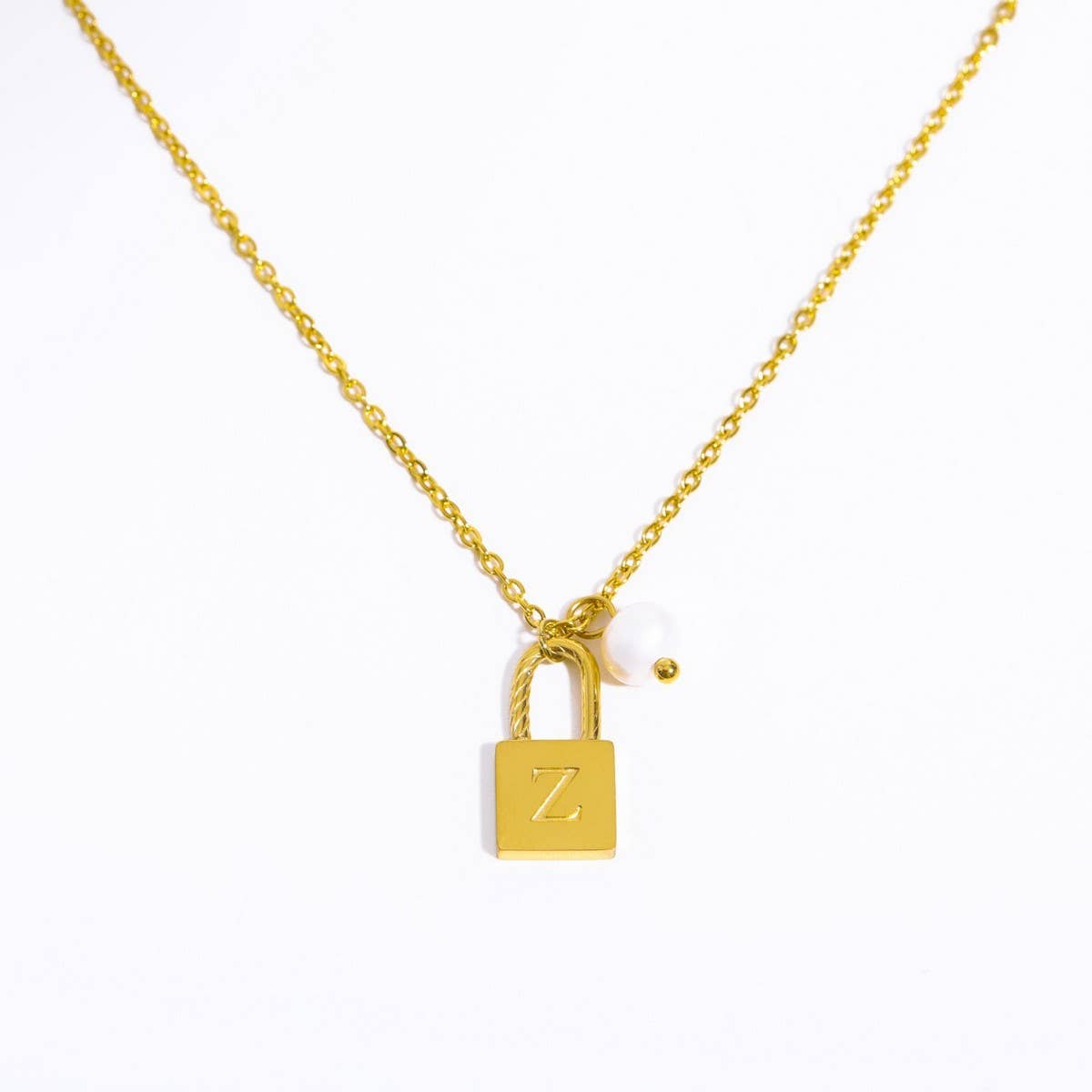 Stainless Steel Letter Pearl Lock Pendant Necklace_CWMM5298