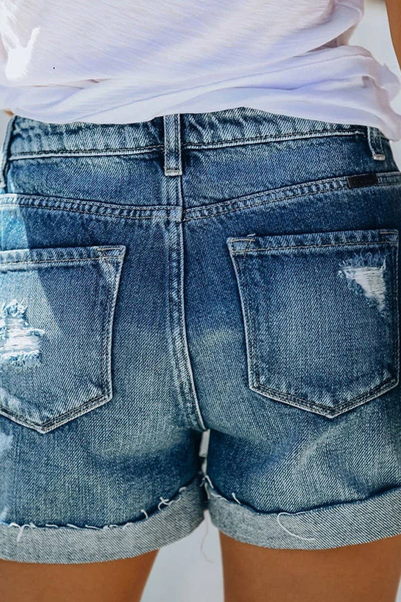 CWJS0308_BUTTON FRONT HIGH WAIST ROLLED HEM DENIM SHORTS