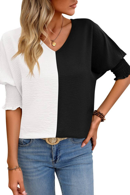 CWTBLS1501_COLORBLOCKED COLLAR LOOSE-FITTING BAT-SLEEVE TOP