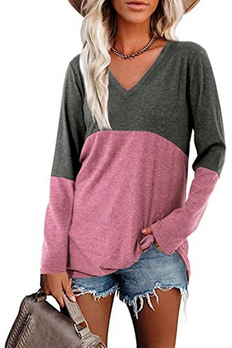 CWTBLL3689_CONTRAST COLOR V-NECK LONG-SLEEVED LOOSE TOP
