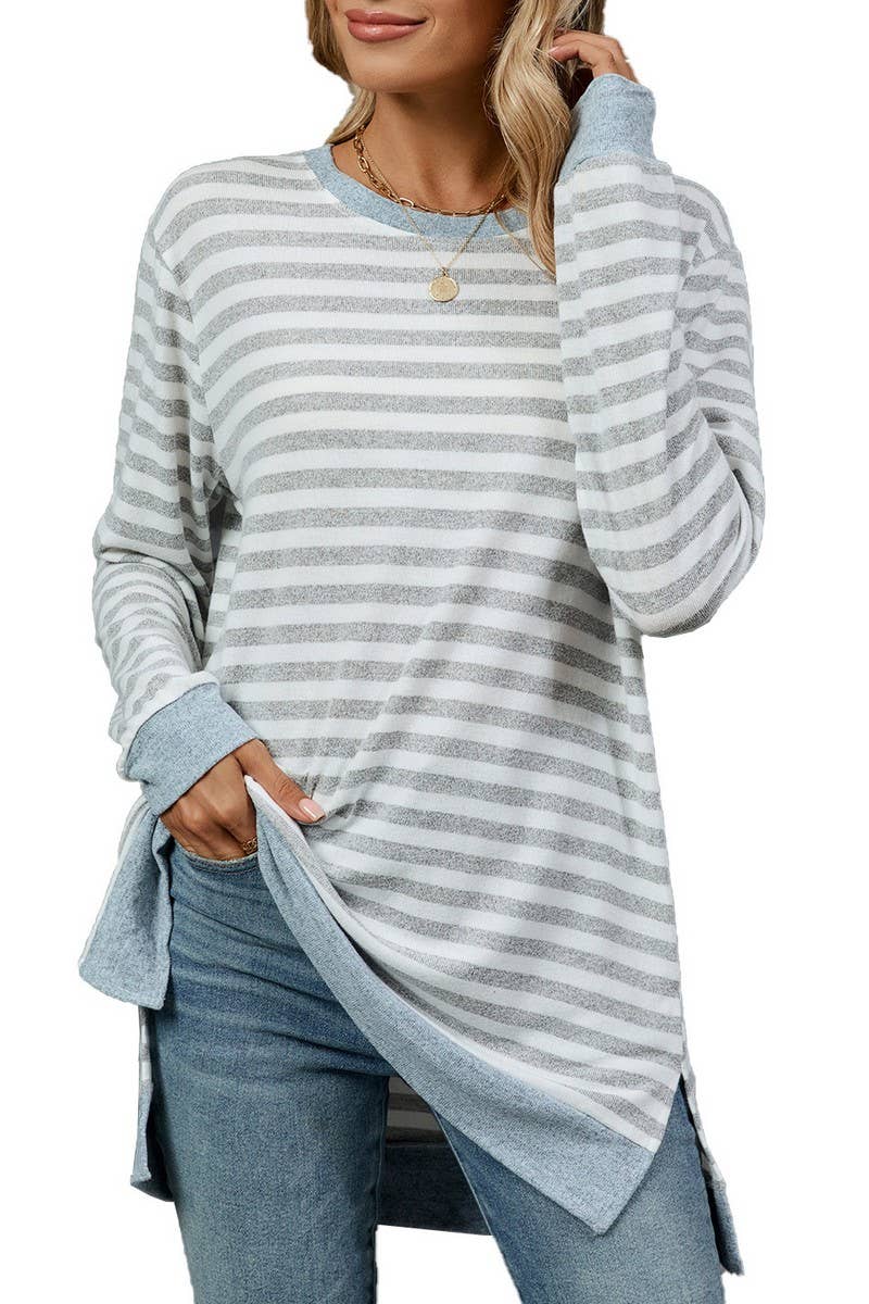 CWTBLL2354_ROUND NECK STRIPED COLORBLOCK LOOSE T-SHIRT TOP