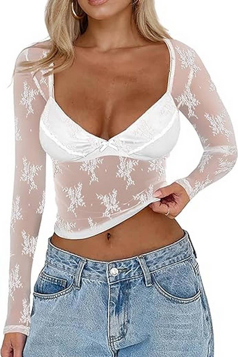 CWTBLL3950_SHEER LACE LONG SLEEVE SLIM FIT MESH TOP