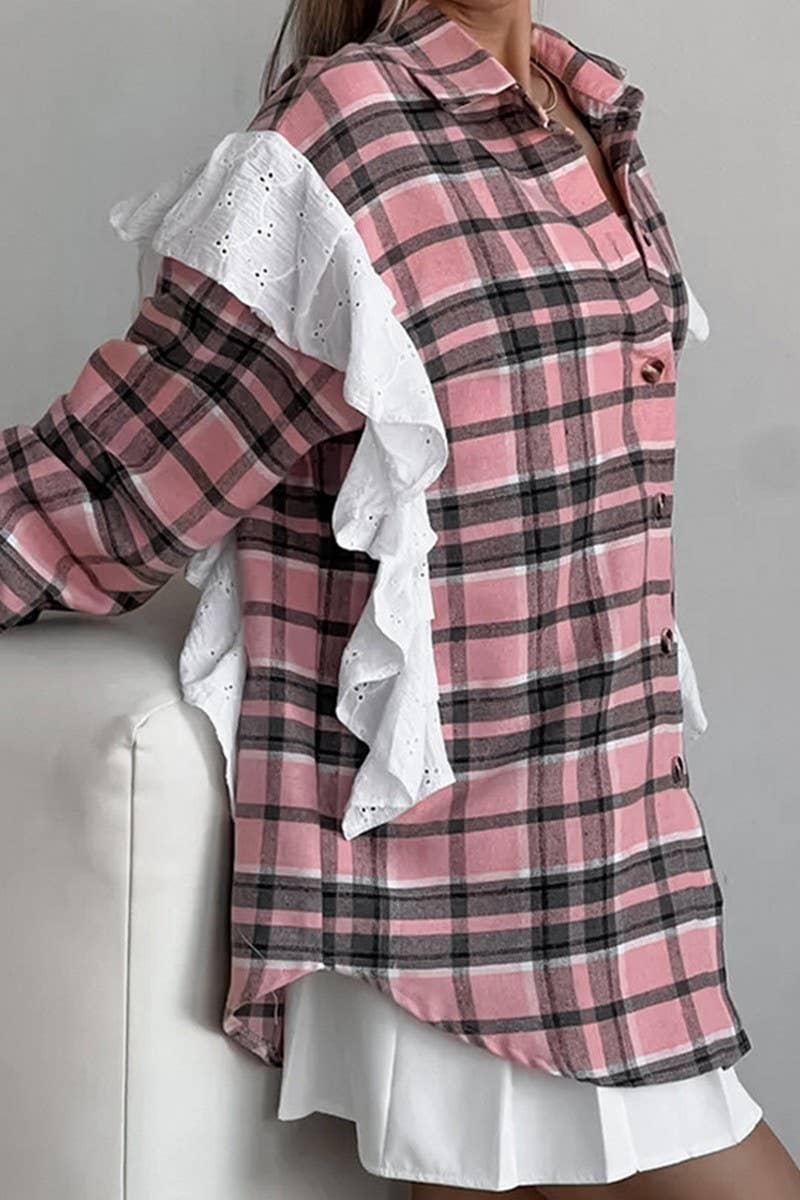CWTBLL00624_PLAID LOOSE RUFFLED PLAID LONG-SLEEVED SHIRT