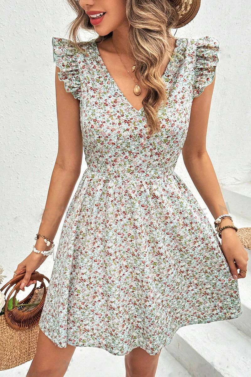 CWDSD8299_V NECK FRENCH FLORAL PRINT RUFFLE DRESS