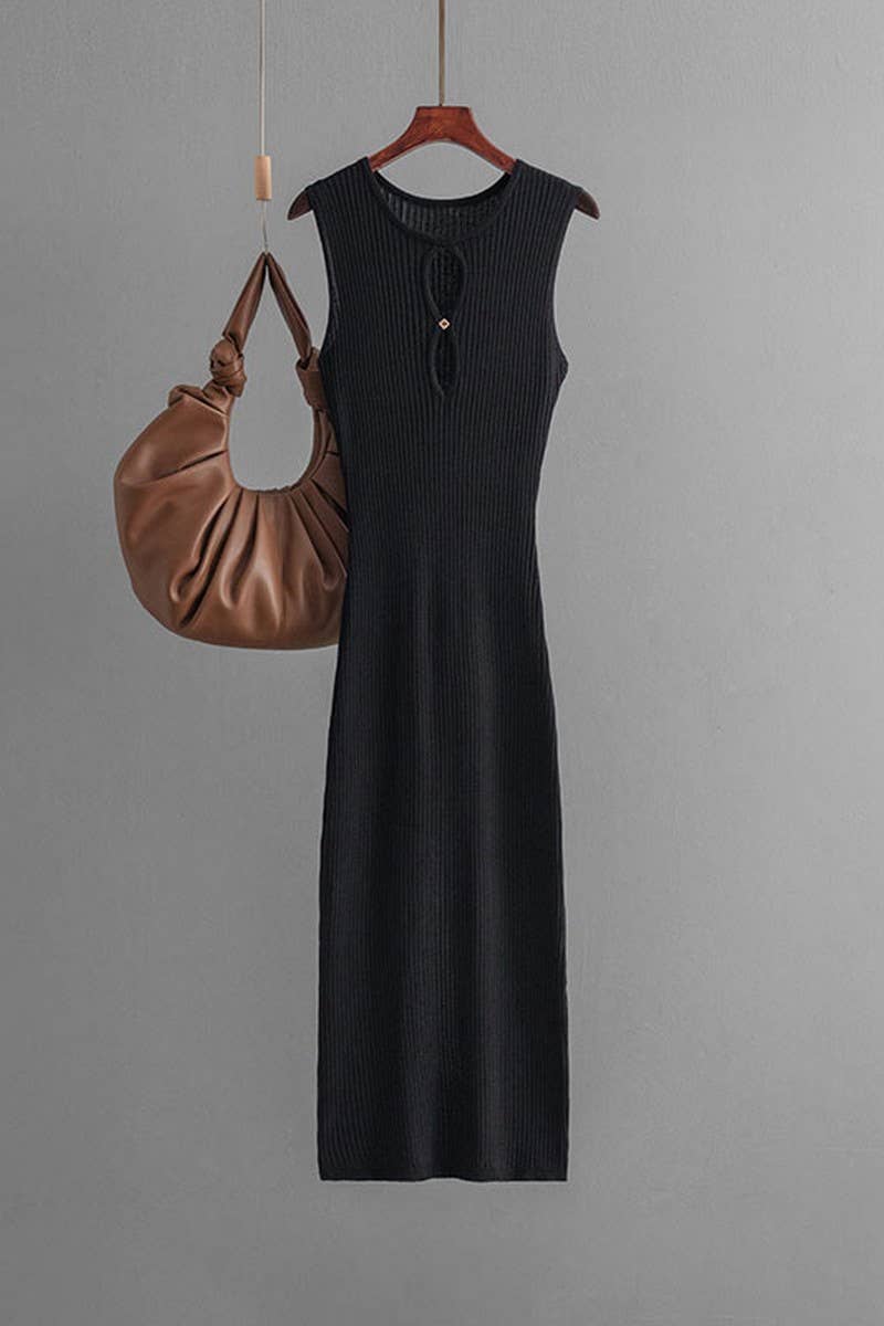 CWDMD01155_SLEEVELESS HOLLOW OUT KNIT BODYCON DRESS