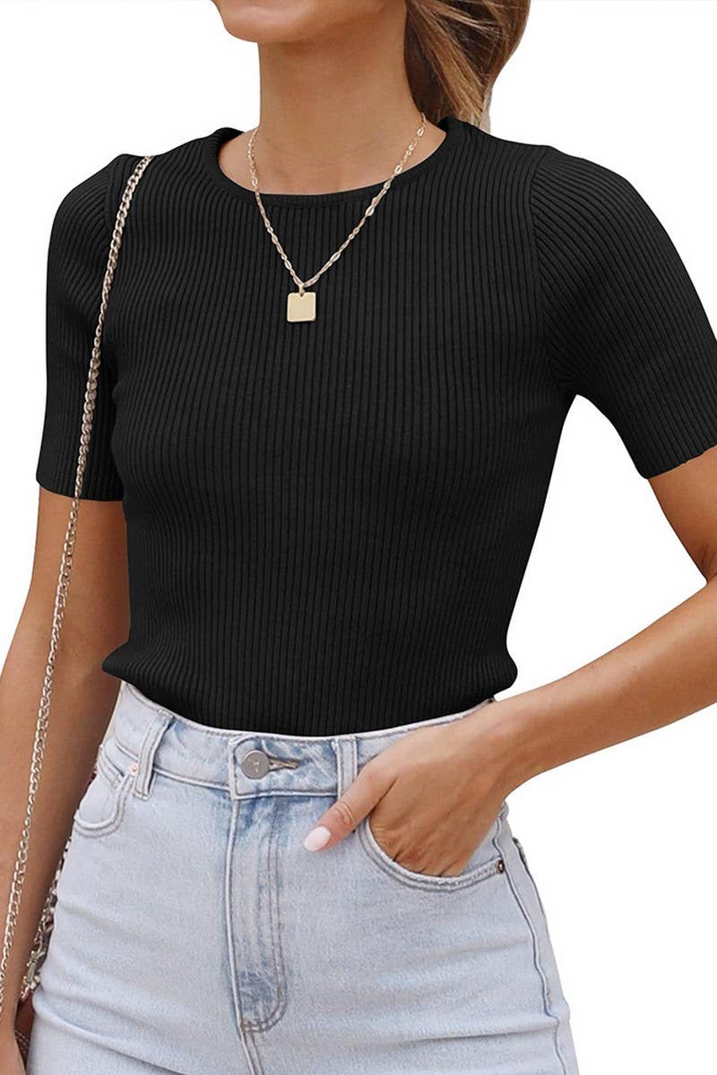 CWTBLS1708_SOLID COLOR ROUND NECK TIGHT KNIT TOP
