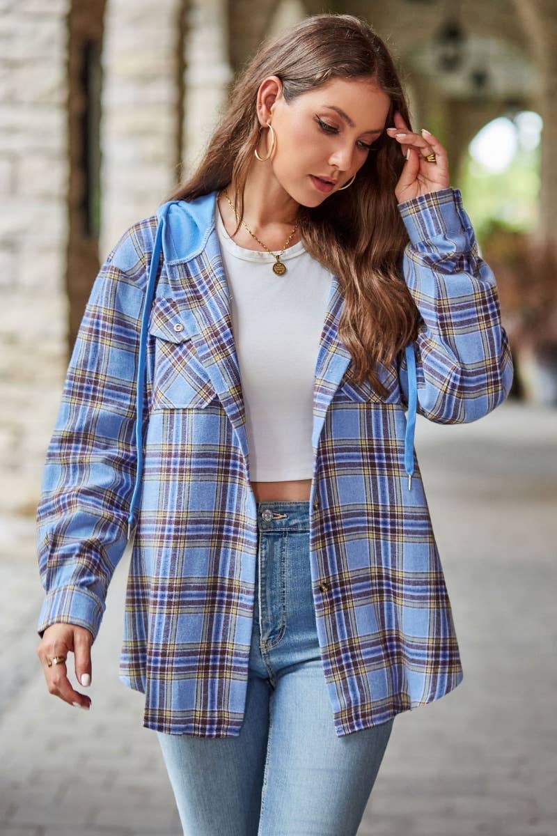 CWTSTL1718_FALL CASUAL LONG-SLEEVED HOODED PLAID SHIRT TOP