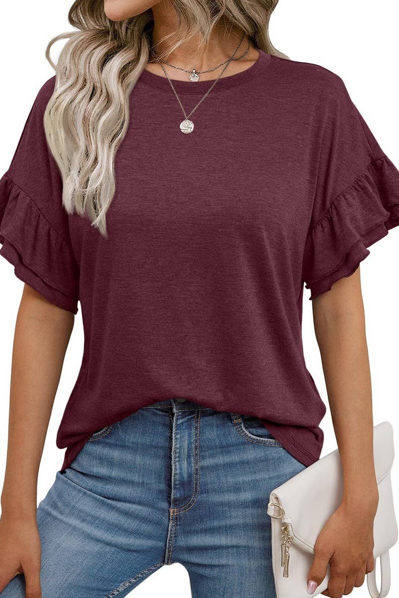CWTBLS1620_SOLID COLOR ROUND NECK RUFFLE SLEEVE TOP
