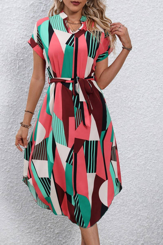 CWDSD7880_COLORBLOCK BELTED SHORT SLEEVE MIDI DRESS