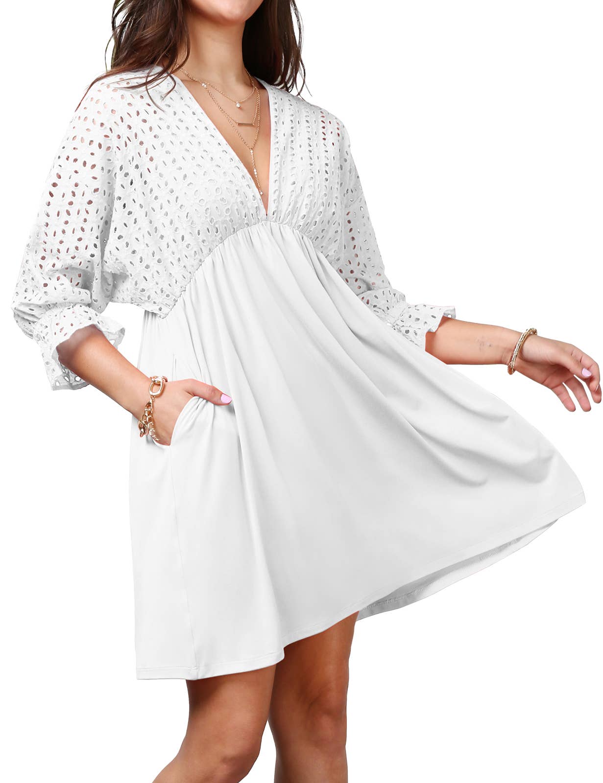 CWDSD10370_COTTON EYELET CONT BODICE WITH 3/4 SLEEVE DRESS