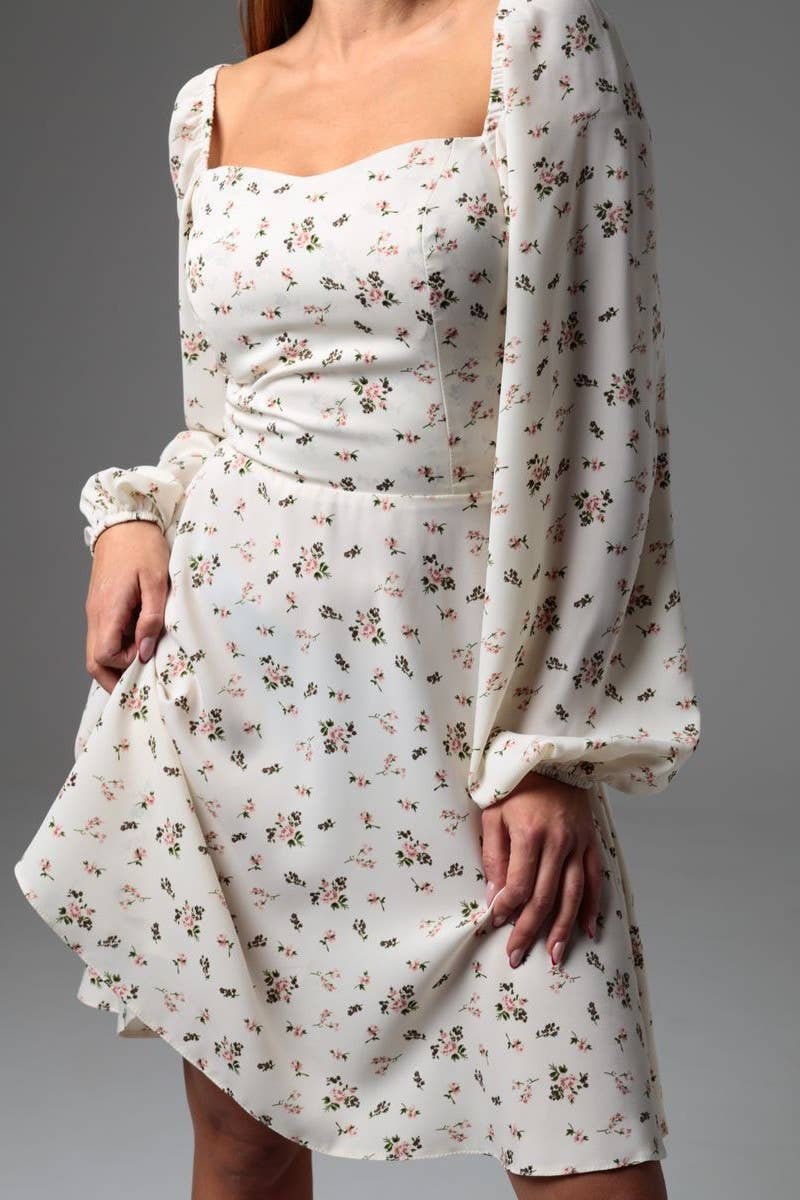 CWDSD8401_FLORAL PUFF SLEEVE TIE WAIST LINED MIDI DRESS