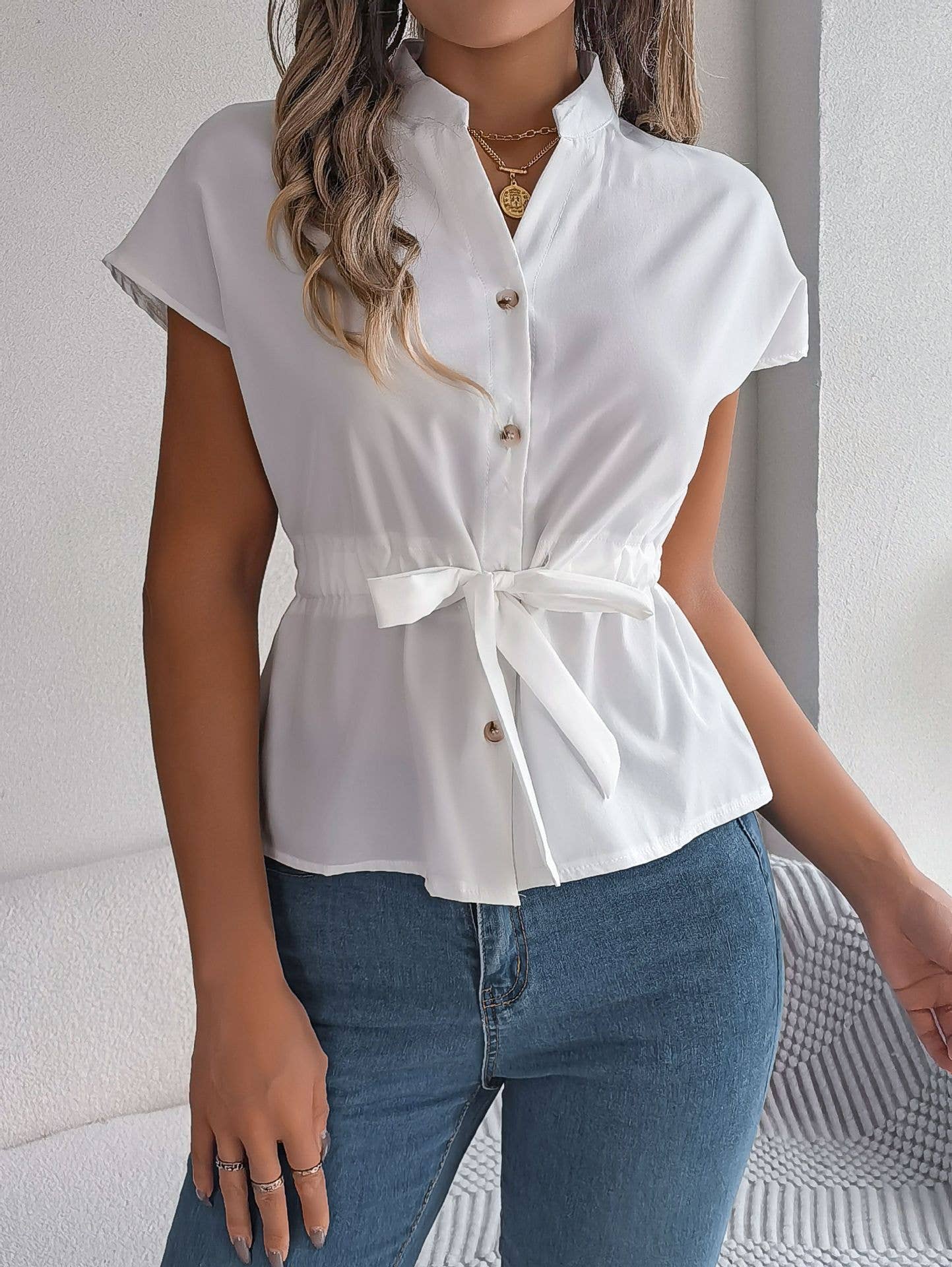 Casual solid color button-down drawstring shirt