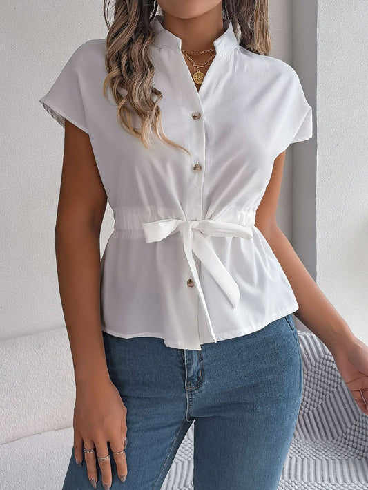 Casual solid color button-down drawstring shirt