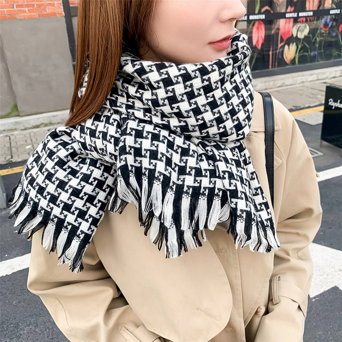 WINTER WARM LATTICE LARGE SCARF FRINGE SHAWL